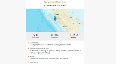 Gempa Terkini M 5,7 Guncang Pesisir Selatan, Sumbar Pagi Ini, BMKG: Dirasakan hingga Bukittinggi
