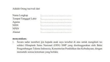 Contoh Format Surat Izin Orang Tua untuk Ikut OSN 2024, Jenjang SD dan SMP