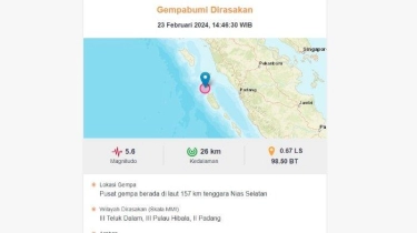 Gempa M 5,6 Guncang Nias Selatan Sumut Sore Ini, BMKG: Dirasakan di Teluk Dalam hingga Padang