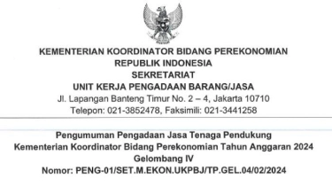 Kemenko Perekonomian Buka Lowongan Kerja Tenaga Pendukung untuk Lulusan S1, Ini Syaratnya