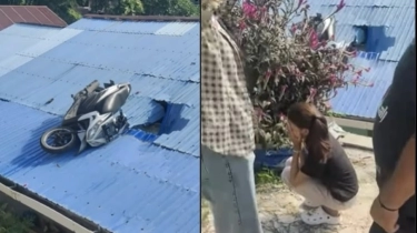 Viral Sepeda Motor Terbang Berakhir 'Nyungsep' di Atap Rumah, Jadi Tontonan Warga