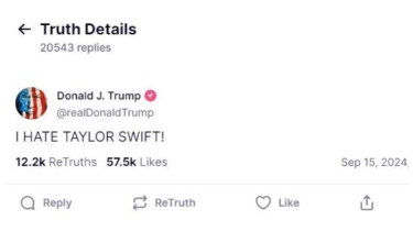 Donald Trump Menulis di Truth Social: Saya Benci Taylor Swift!