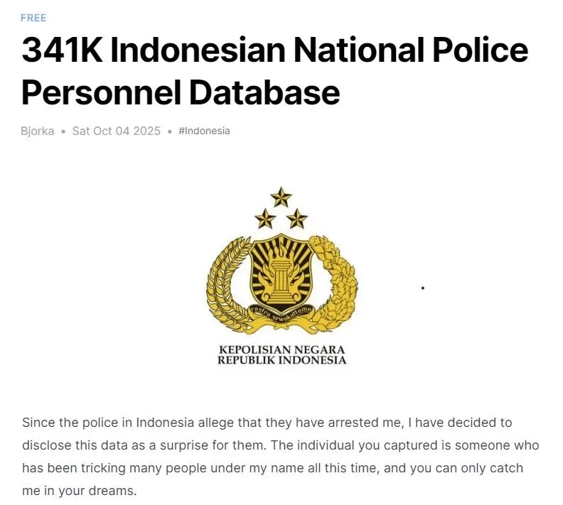 Bjorka Klaim Belum Ditangkap Polisi, Kini Bocorkan 341 Ribu Data Personel Polri