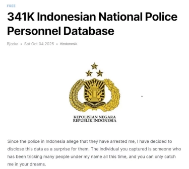 Bjorka Klaim Belum Ditangkap Polisi, Kini Bocorkan 341 Ribu Data Personel Polri
