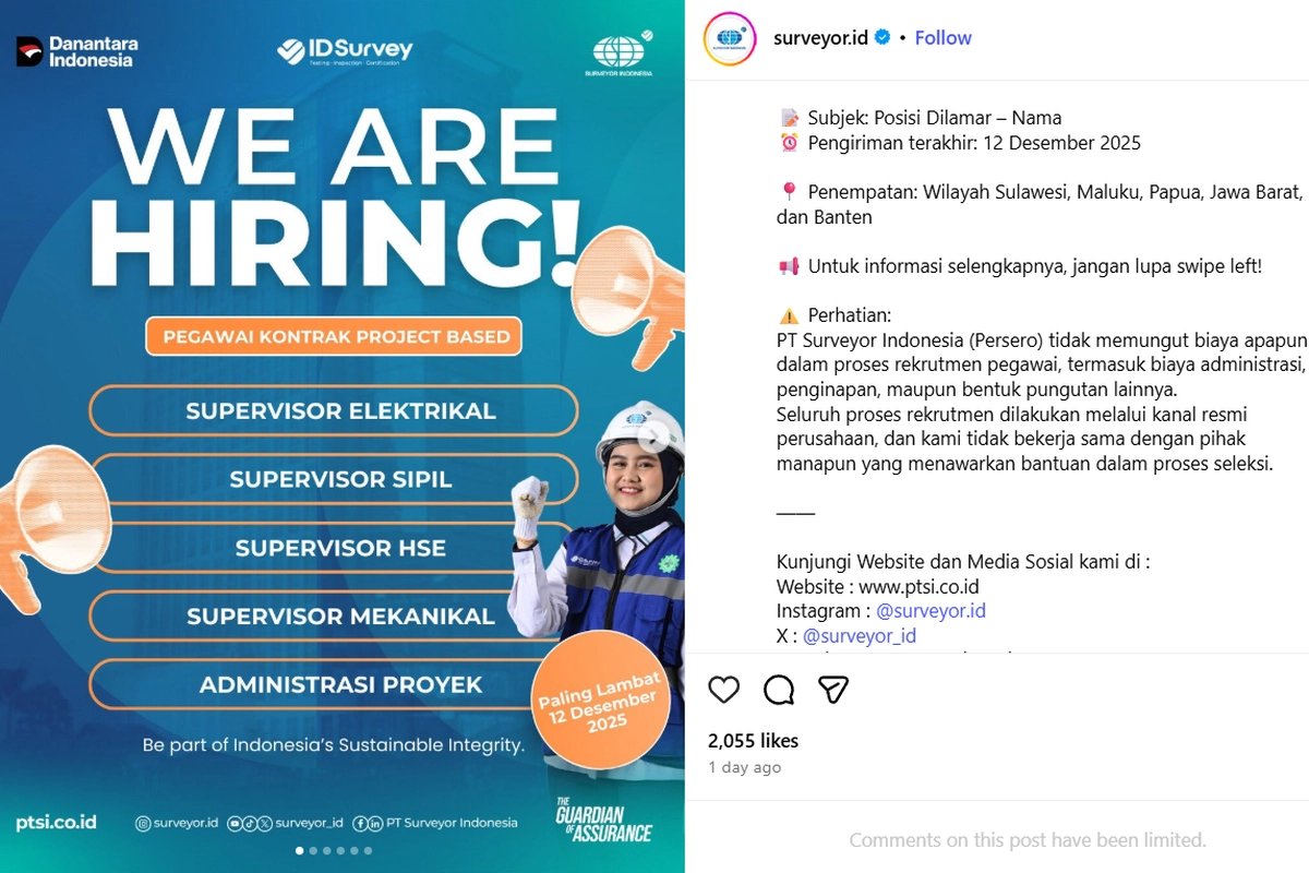 Surveyor Indonesia Buka Lowongan Kerja hingga 12 Desember 2025, Cek Syaratnya