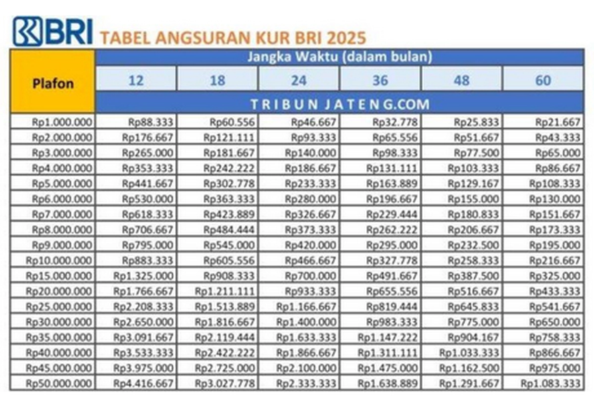 Tabel Angsuran KUR BRI 2025: Cicilan Mulai Rp 1 Juta hingga Rp 100 Juta