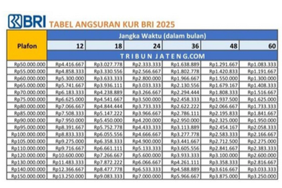 Tabel KUR BRI 2025 Pinjaman 100 Juta: Cek Cicilan Pinjaman Mulai Rp 1 Juta