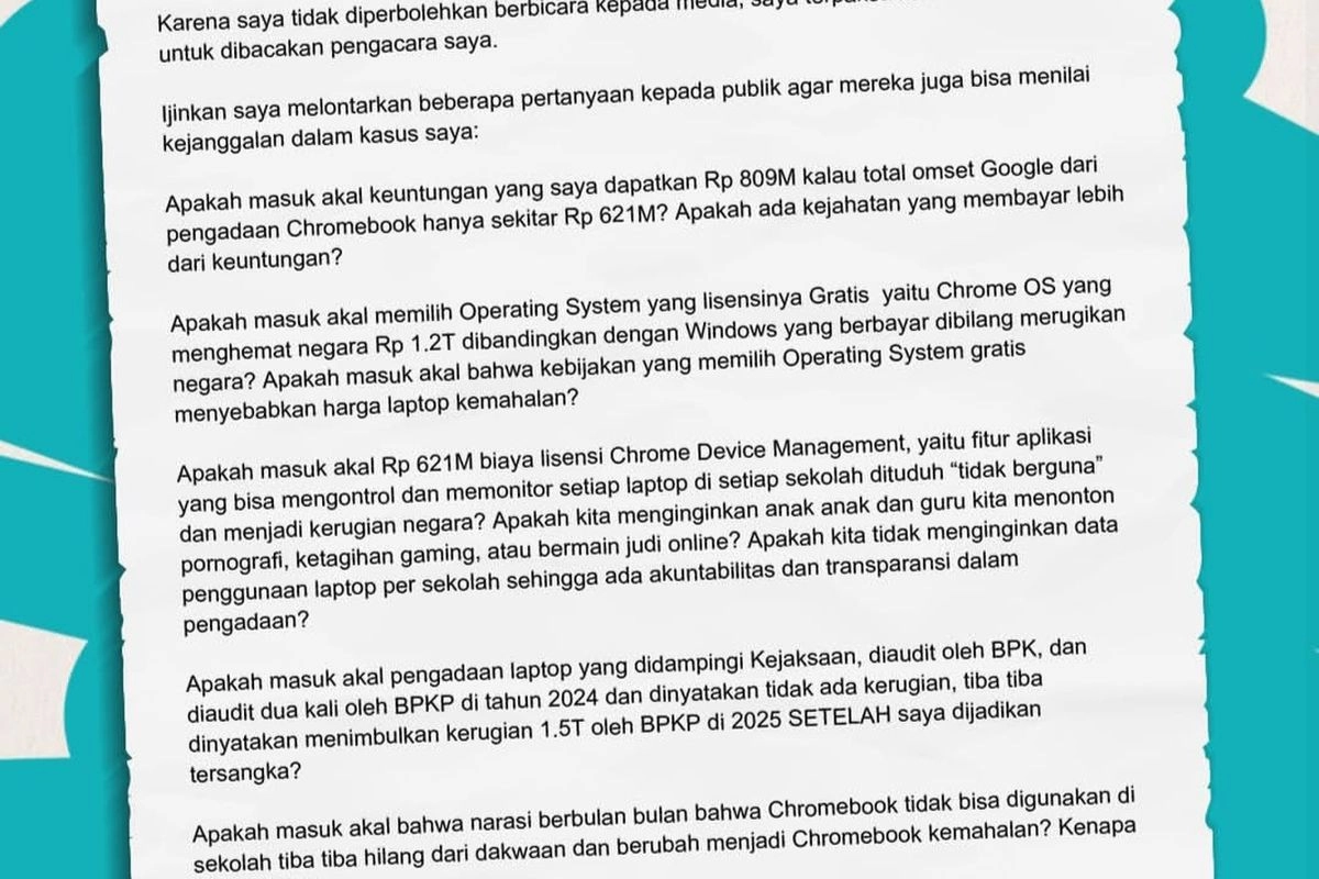 Tak Diizinkan Bicara ke Media, Nadiem Unggah Surat ke Medsos