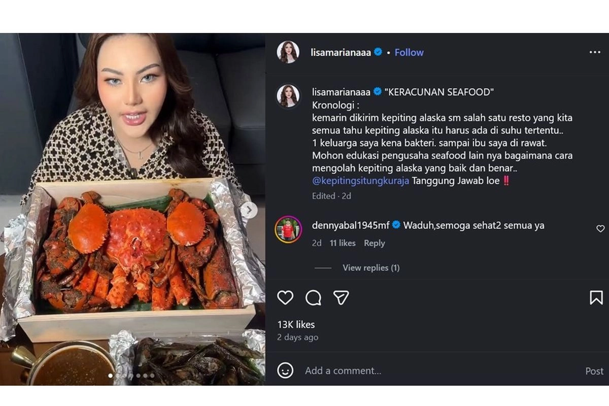 Keluarga Lisa Mariana Keracunan Kepiting Alaska, Ini Penjelasan Medis dan Risikonya