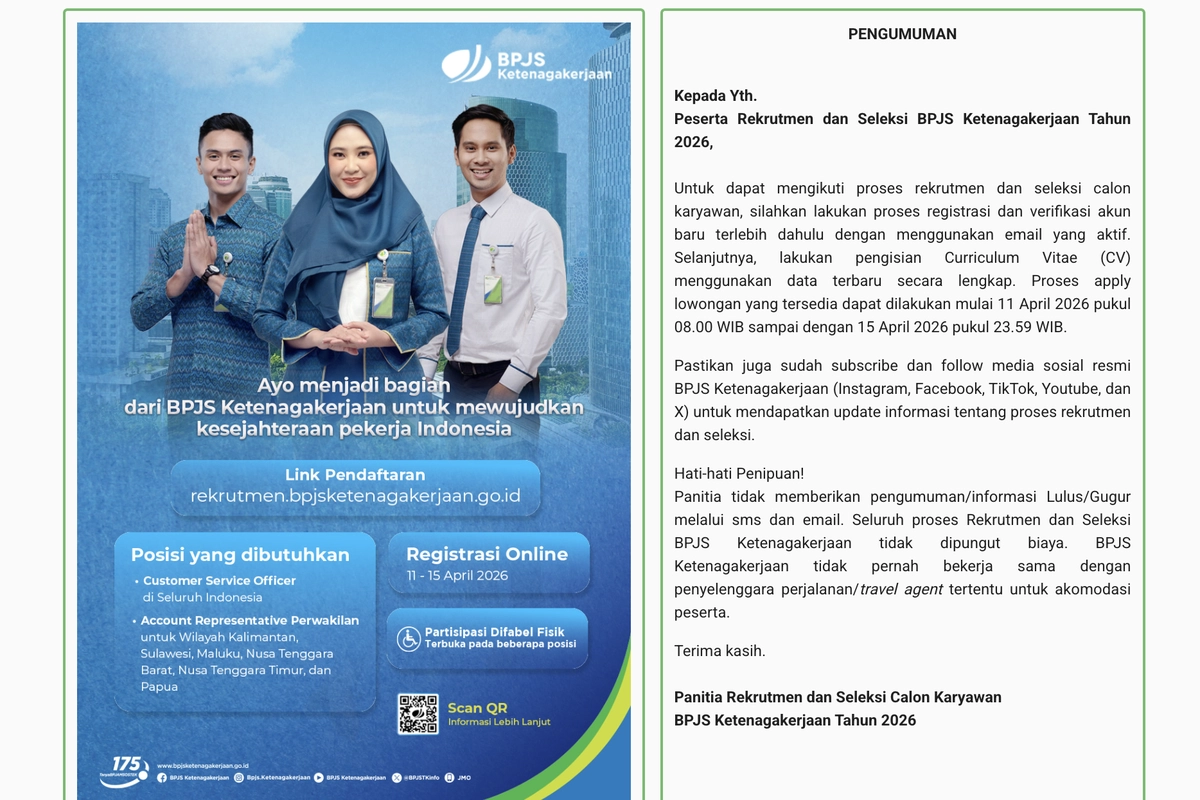 Rekrutmen BPJS Ketenagakerjaan 2026 Dibuka, Ini Posisi dan Cara Daftarnya