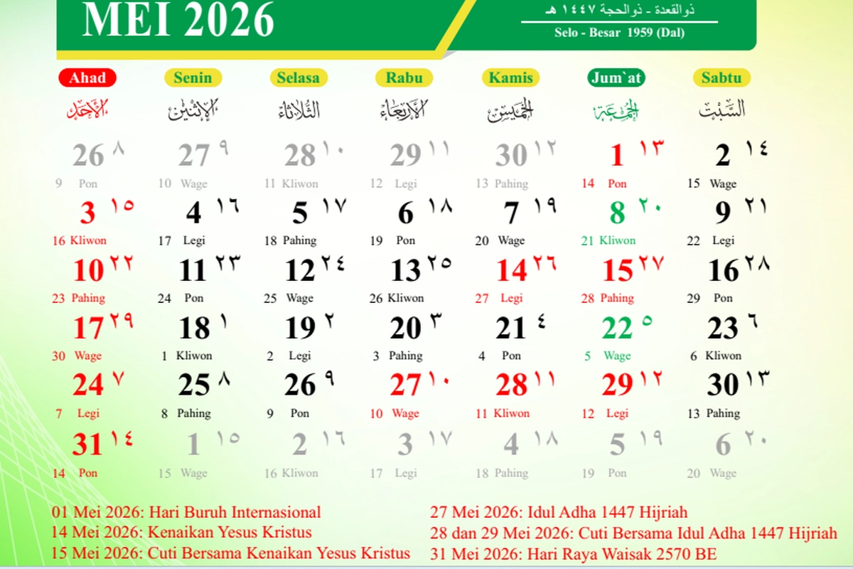 Catat, Ini Daftar Tanggal Merah Mei 2026, Ada 3 Long Weekend