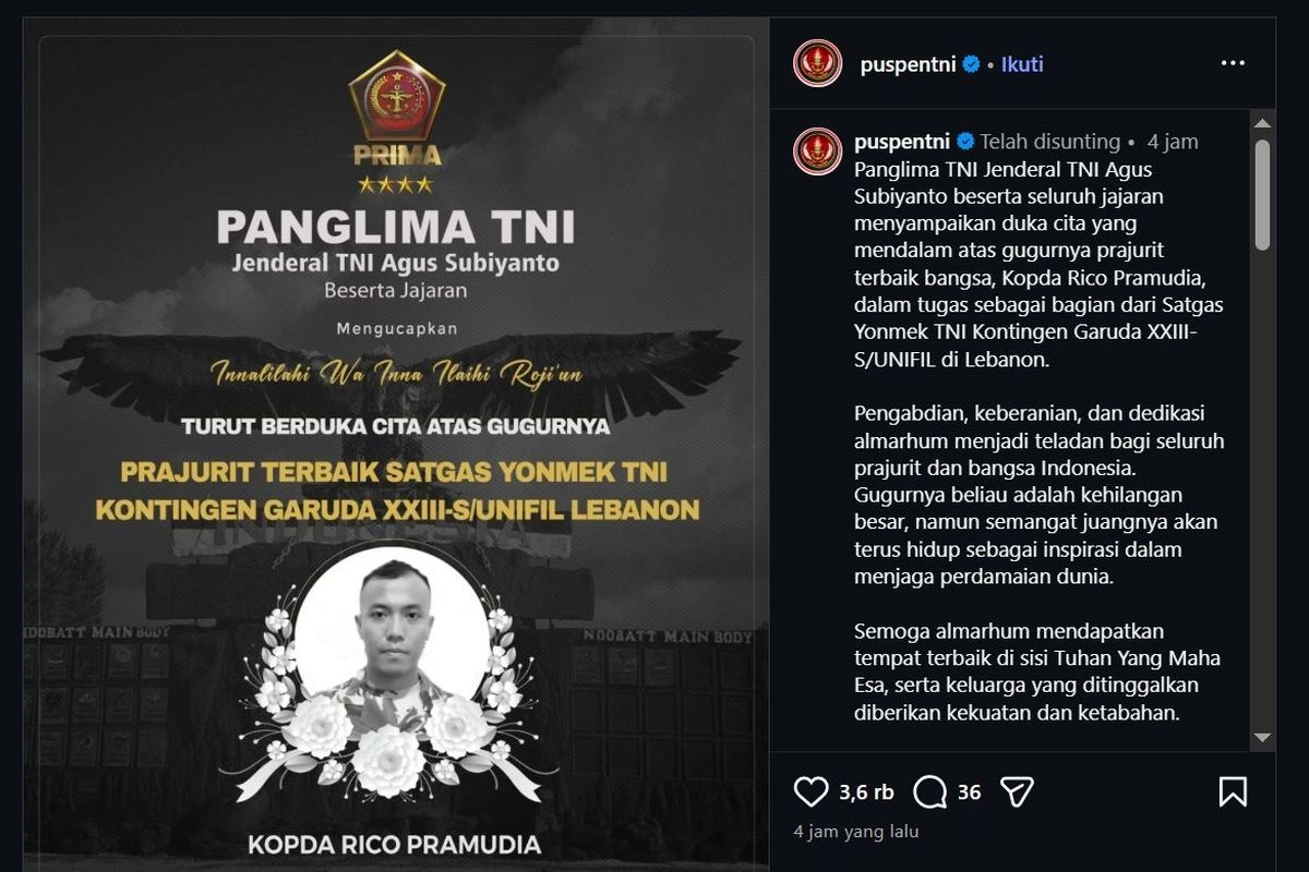 Praka Rico Pramudia Gugur, TNI: Keberanian dan Dedikasi Jadi Teladan Seluruh Prajurit