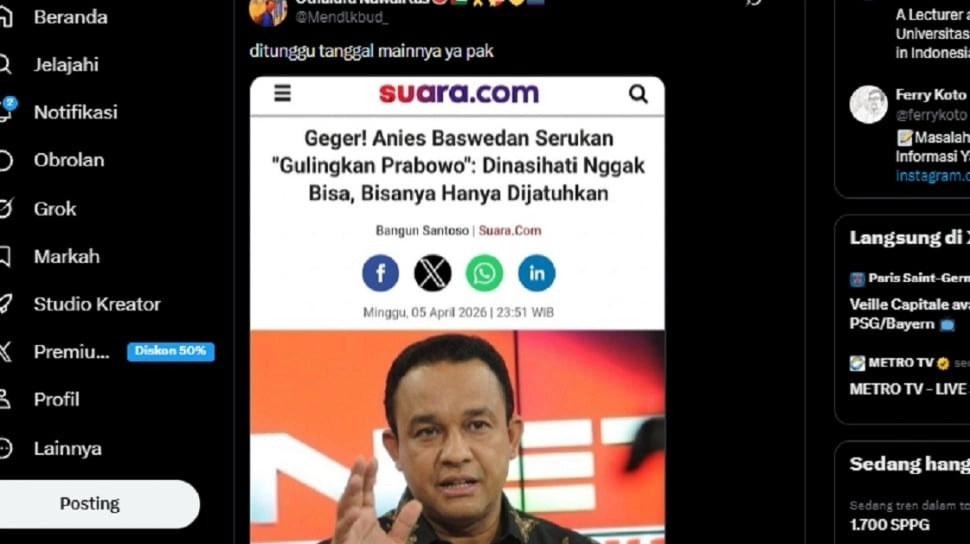 [CEK FAKTA] Hoaks! Anies Baswedan Serukan Gulingkan Presiden Prabowo di Artikel Suara.com